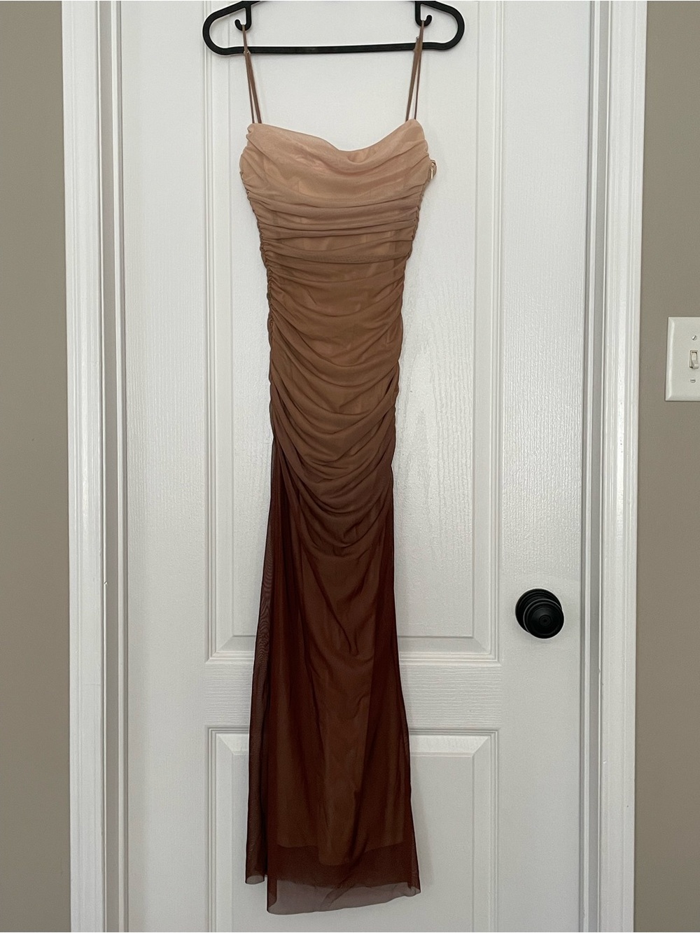 Zara Strapless Ombre Brown to Tan Ruched Evening Dress
